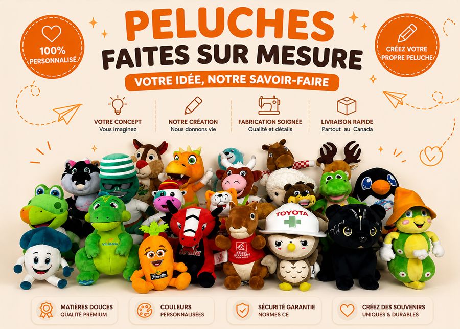 Peluches et mascottes personnalisées sur mesure pour entreprises et événements au Québec